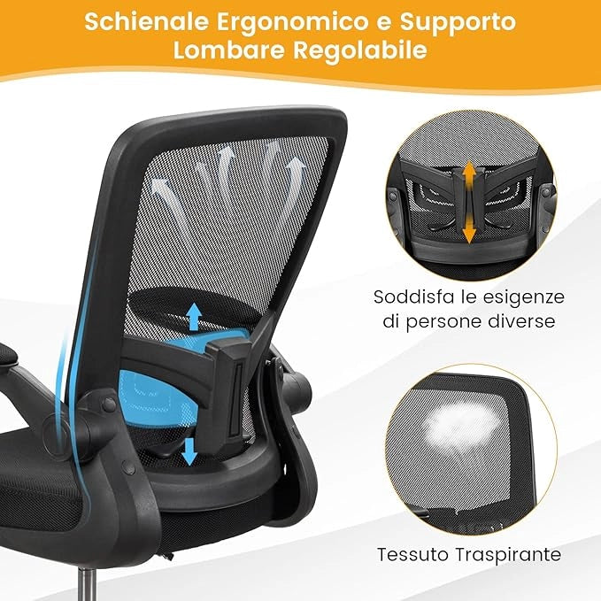 Sedia da Ufficio con Schienale, Sedia Scrivania Girevole, con Braccioli a Ribalta, Poltrona da Ufficio con Altezza Regolabile, Struttura in Metallo, per Scrivania Casa Ufficio, Portata 120 kg