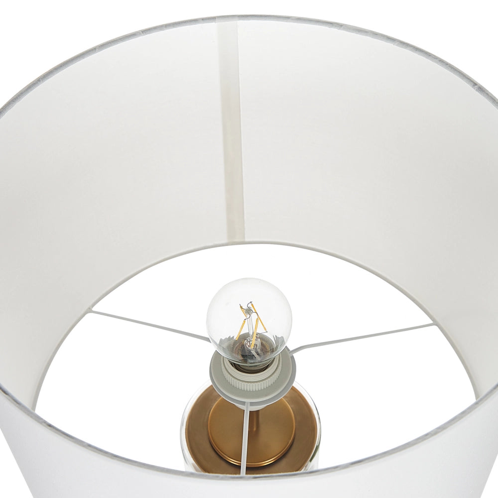 Lampada da Tavolo Base in Vetro dorato/Trasparente con Paralume in Tessuto a Forma di Tamburo Bianco