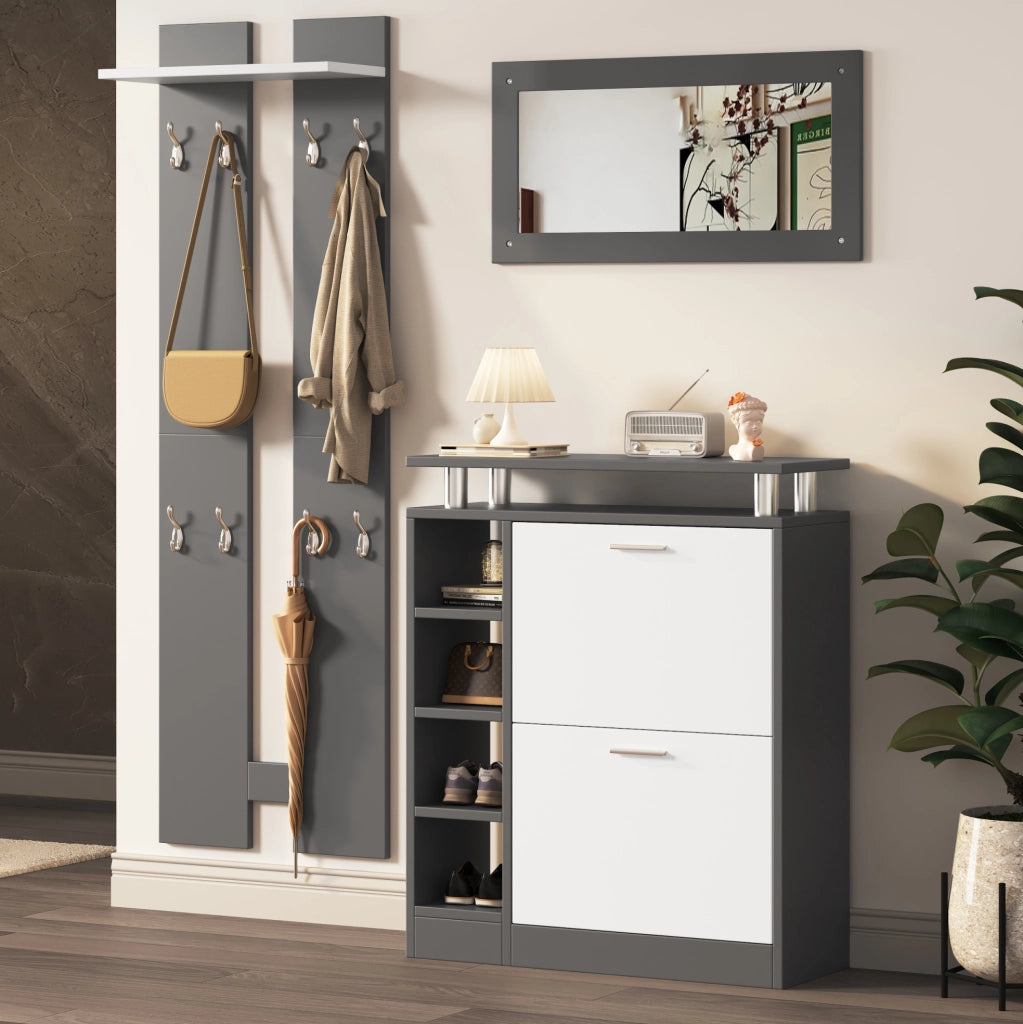 Set guardaroba da ingresso con scarpiera 80x25x96;5 cm; specchio e 8 ganci; grigio e bianco
