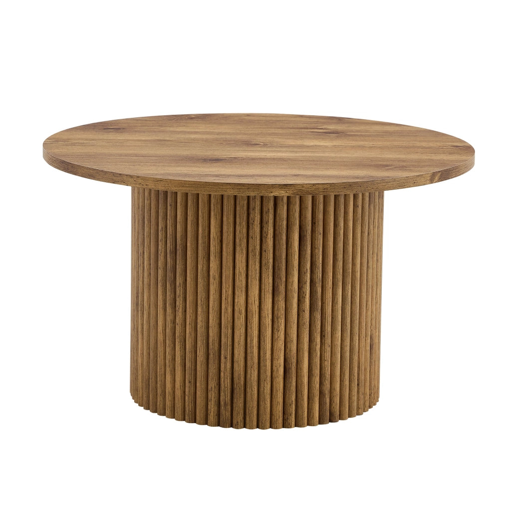 Tavolino basso rotondo in MDF con base a colonna e telaio metallico per soggiorno, effetto legno, 70 × 42 cm
