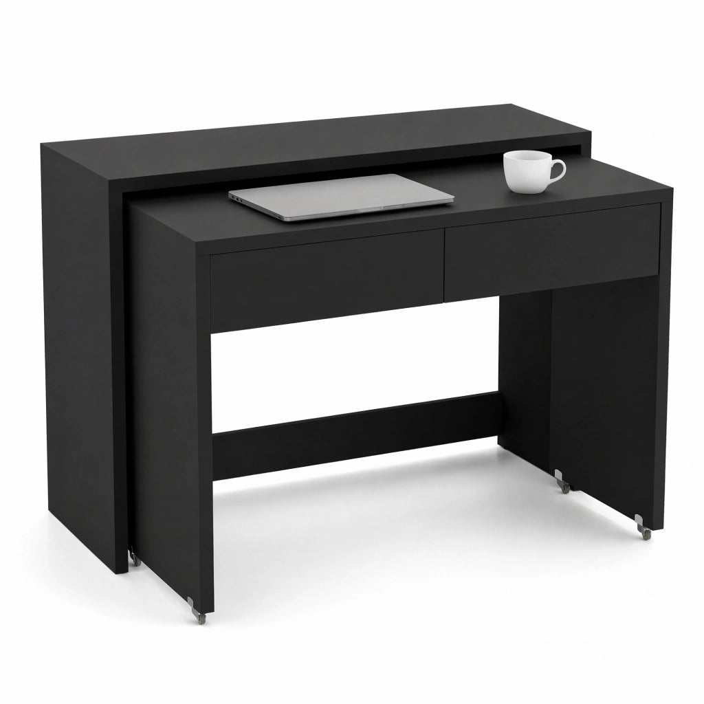 Scrivania pieghevole 2 in 1 con 2 cassetti e ruote - per studio - 110 x 40 x 78 cm - nero