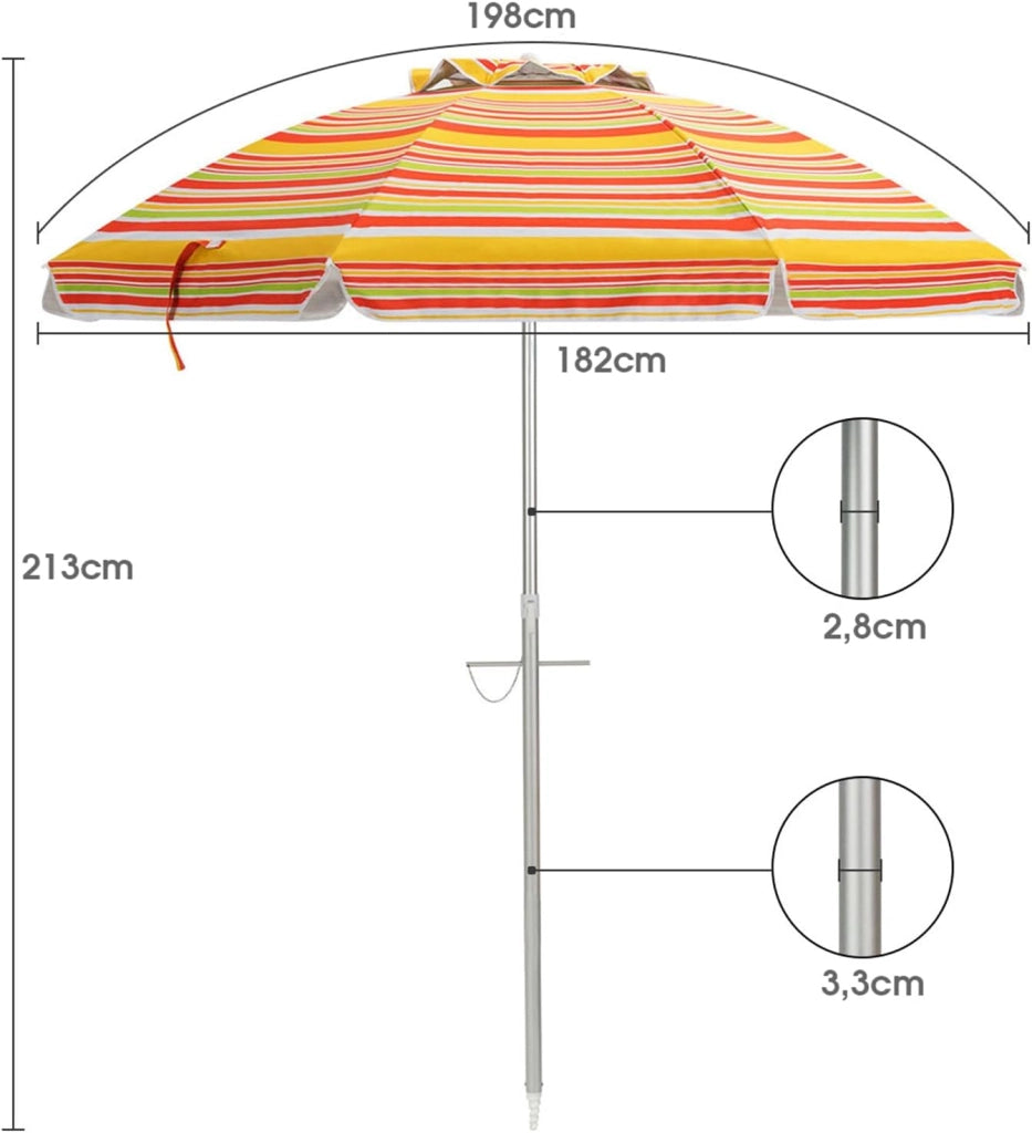 Ombrellone da Spiaggia 198 cm, Ombrello Parasole da Esterno con Palo Inclinabile in Alluminio, Ombrellone Portatile con Borsa di Trasporto, Anti UV 50+, 8 Stecche (Arancione e Giallo)