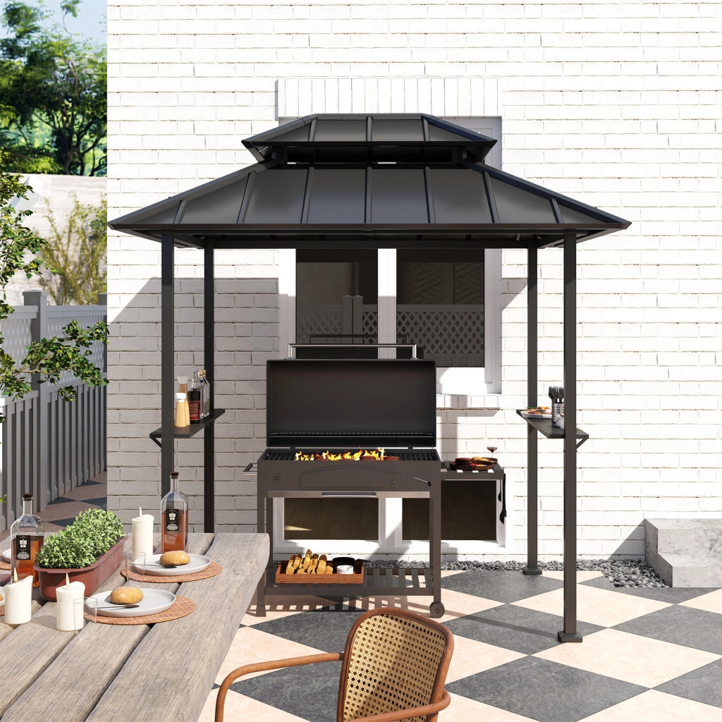 Gazebo Barbecue con Doppio Tetto Rigido 2 Ripiani e Gancio ¨C Zephmum ¨C 244x184x258cm Nero