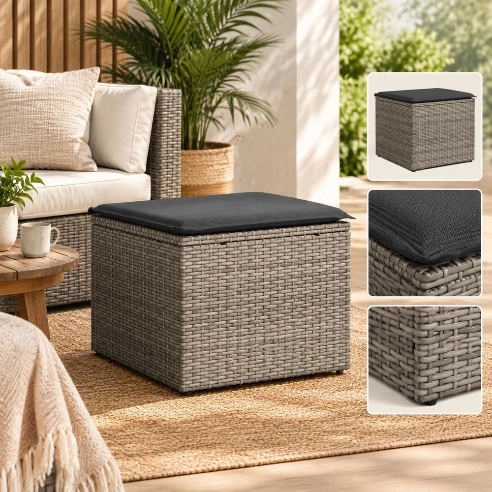 Garden Stool With Cushion, Grey, 55x55x37 Cm, Poly Rattan