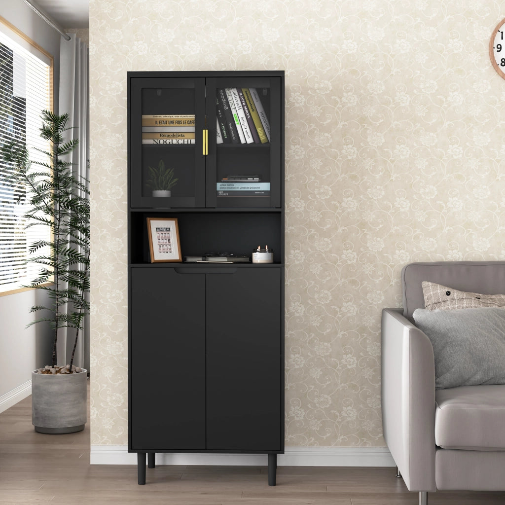 Mobile contenitore alto con ante in vetro temperato ripiani regolabili in MDF nero 60 × 35 × 160 cm