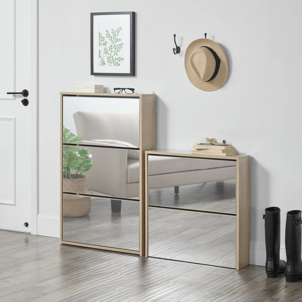 Scarpiera Stretta Lund con Ante a Specchio e 2 Contenitori Ribaltabili - Effetto Rovere Sonoma [en.casa]