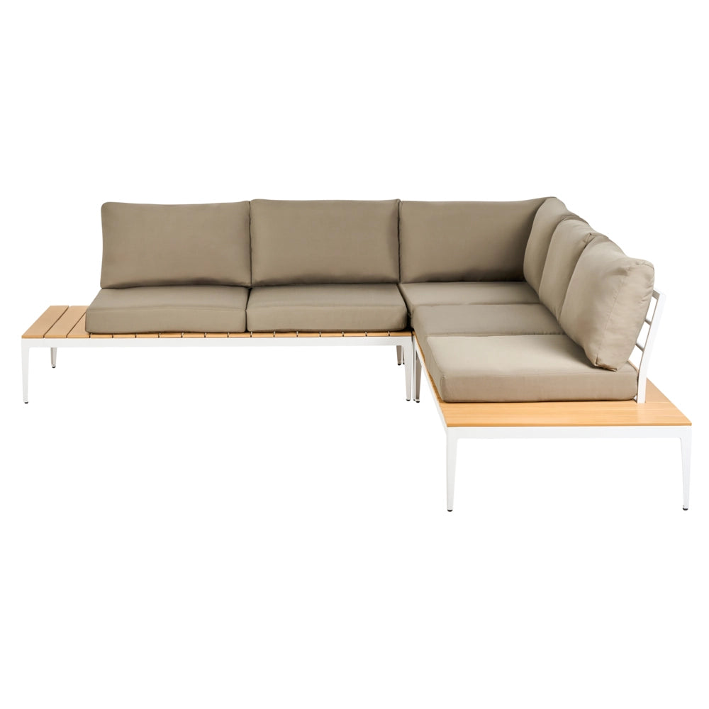 Set divano ad angolo da giardino cuscini grigi tavolo design a doghe set moderno da conversazione a 5 posti