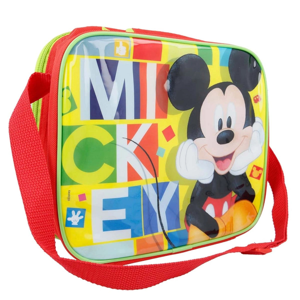 Set Pasto Bambini con Borsa Porta Pranzo e Borraccia 530ml Verde / Rosso Mickey Mouse
