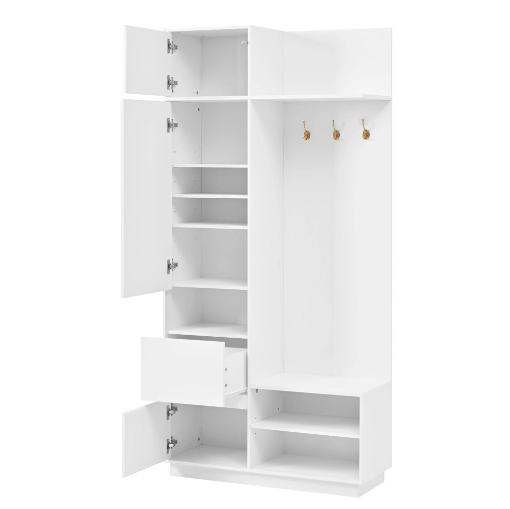 Mobile ingresso 5 in 1 con specchio; panca e scarpiera 90x34;5x190 cm; bianco in MDF