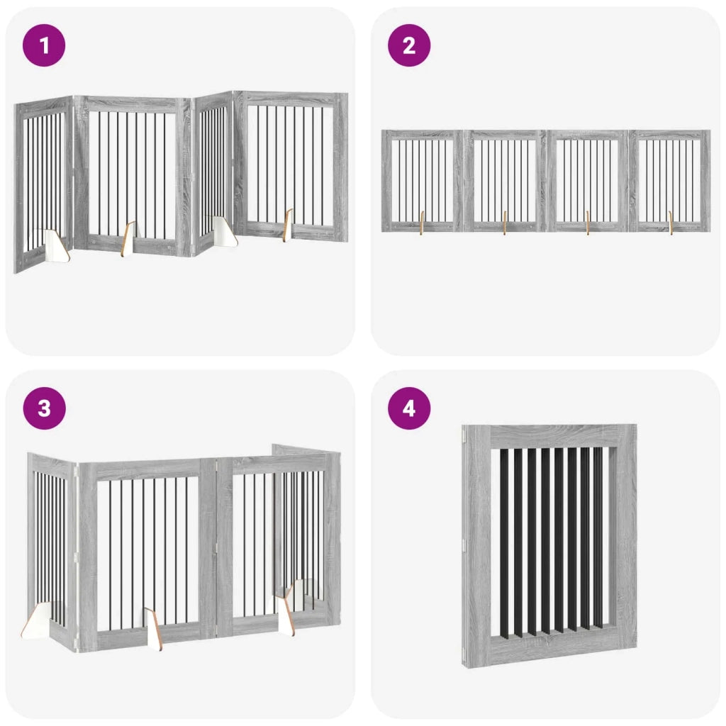 Cancello per cani pieghevole con supporti 4 pcs Grigio Sonoma 892046