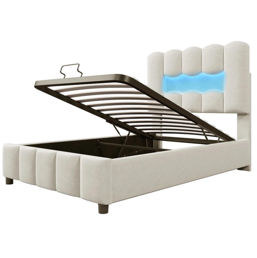 Letto imbottito 90x200 cm con contenitore idraulico; LED multicolore e testiera regolabile; beige