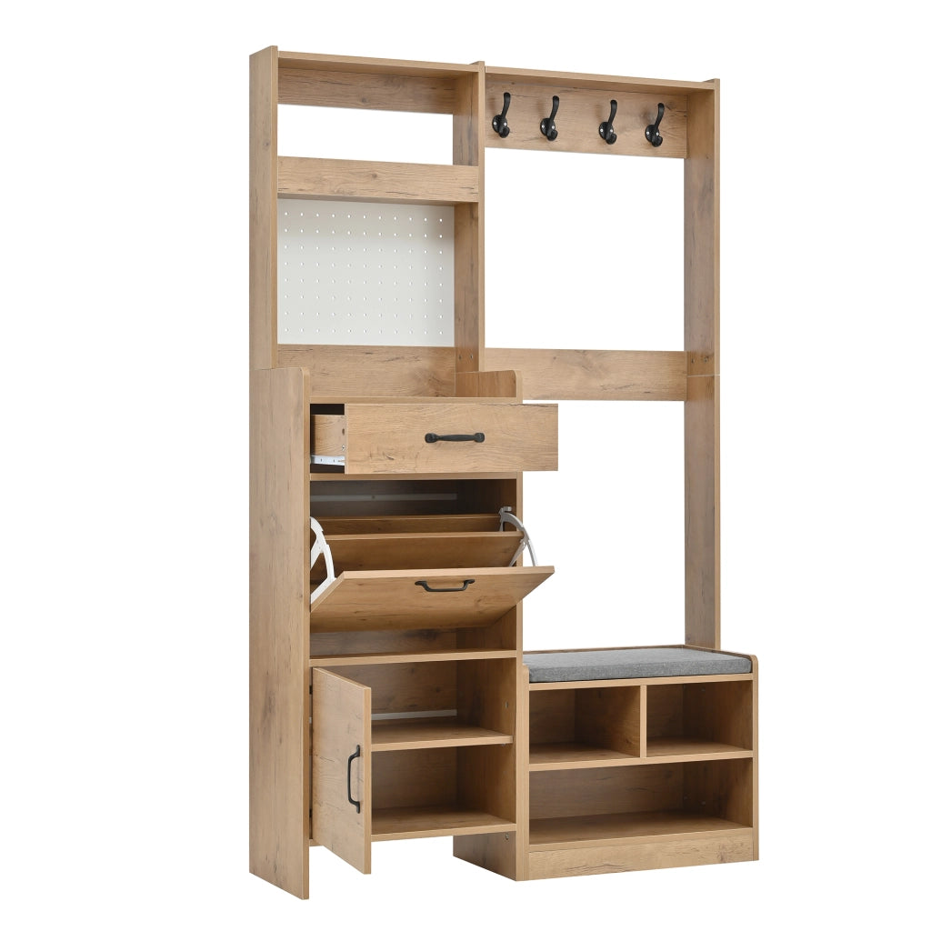 Mobile guardaroba multifunzione da ingresso con panca, 4 ganci, cassetto e 2 ante, Natural/White, 108,5 x 35 x 180 cm