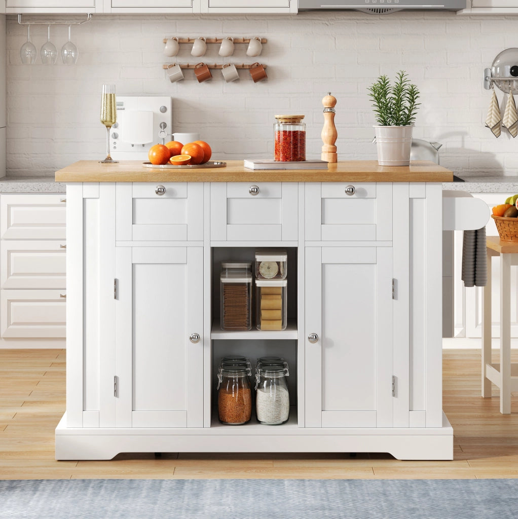Isola da cucina mobile 132 cm con piano pieghevole, prese USB, in MDF bianco e naturale