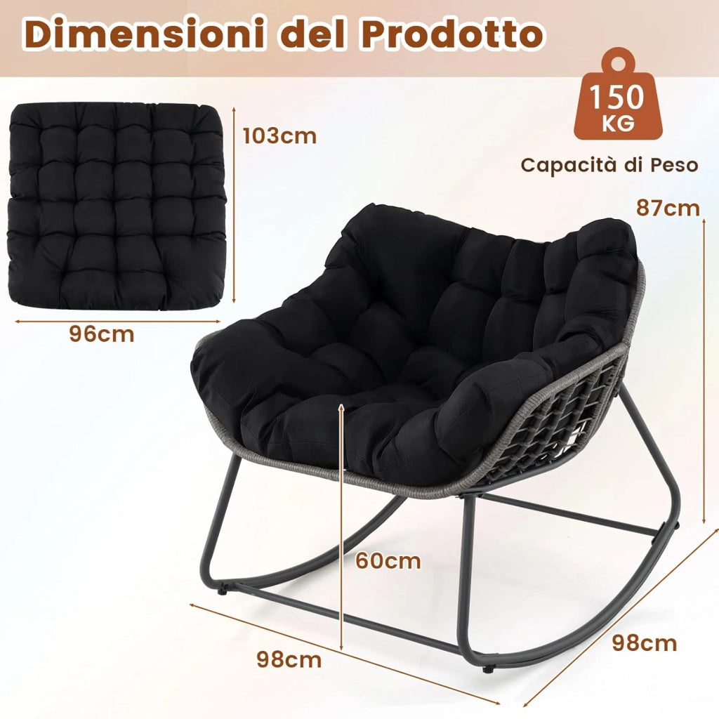 Sedia a Dondolo da Esterno, Poltrona in PE Vimini con Cuscino Rimovibile, Poltrona Relax in Rattan con Struttura in Metallo, per Soggiorno, Balcone, Giardino, Portata 150 kg (Nero)