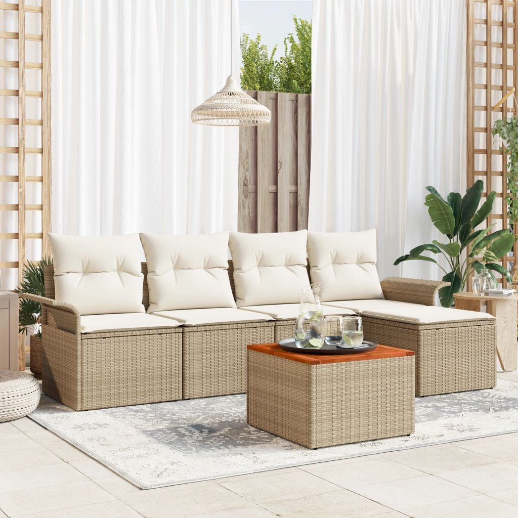Set di Divani da Giardino 6 Pezzi con Cuscini Beige Rattan Sintetico Acacia