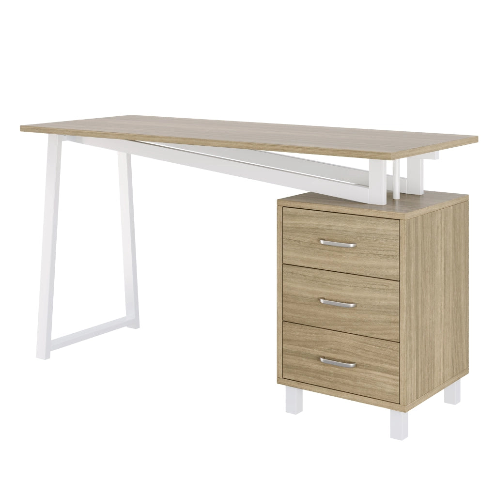 Scrivania 130 x 55 x 75 cm, in MDF, con 3 cassetti, gambe a triangolo, color legno naturale e bianco