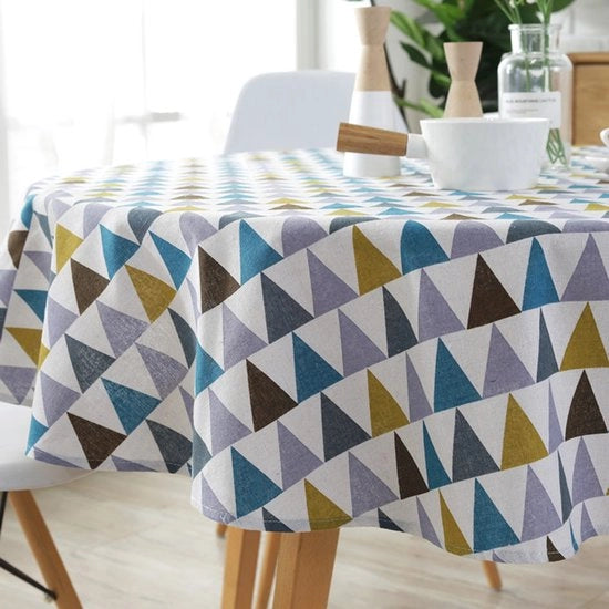 Tavolo con tovaglia a forma triangolare colorata, tovaglia a forma rotonda in stile scandinavo, tessuto in cotone, tovaglia con tessuto bloccato, tovaglia in stile rustico, idonea per cucina, ristoranti, feste, picnic all'aperto (circa 120 cm).