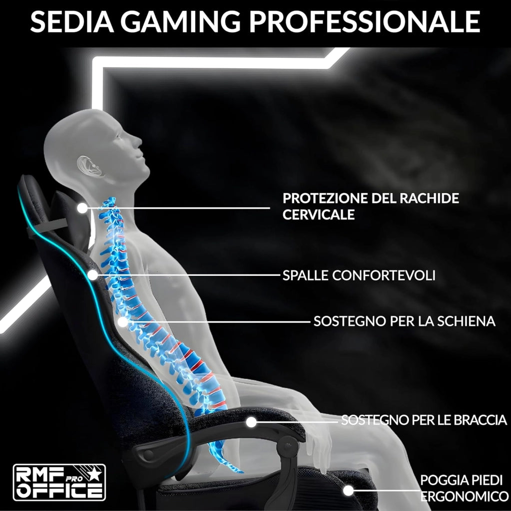 RMF Sedia Gaming Professionale Ergonomica Reclinabile, Poltrona Gaming Seduta Comoda e Rilassante con Poggiapiedi - Sedia per Gamer con Ruote Girevoli, Altezza Regolabile (Nera)