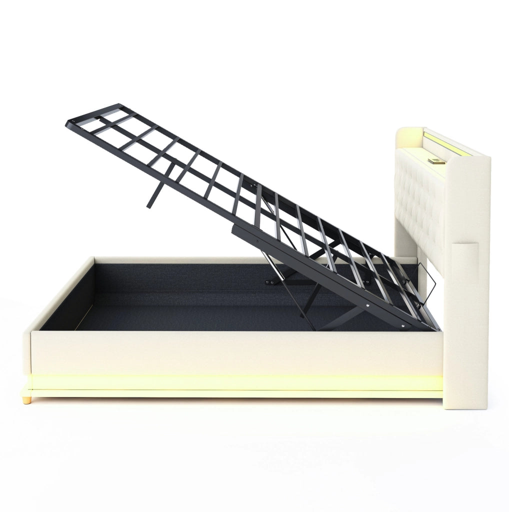 Letto imbottito 160x200 cm LED con USB e contenitore; tessuto e metallo beige
