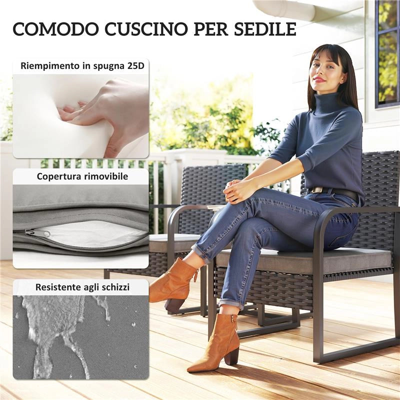 SALOTTO DA GIARDINO IN RATTAN CON 2 POLTRONE DA ESTERNO E TAVOLINO CON PIANO IN VETRO, NERO
