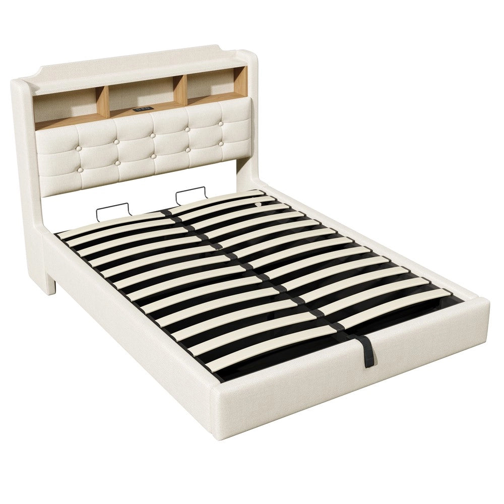 Letto Imbottito con Contenitore Idraulico LED ¨C MINIMAL ¨C Tessuto Beige 140x200