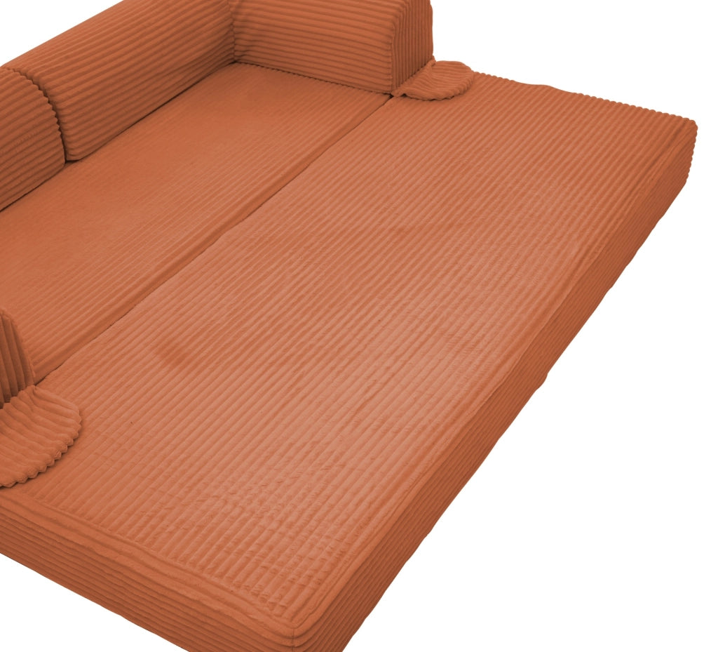 Divano letto due posti convertibile arancione imbottito in tessuto a coste per ambienti compatti