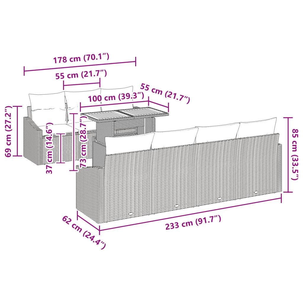 Set pranzo giardino 8 pezzi cuscini Nero Polyrattan Acacia