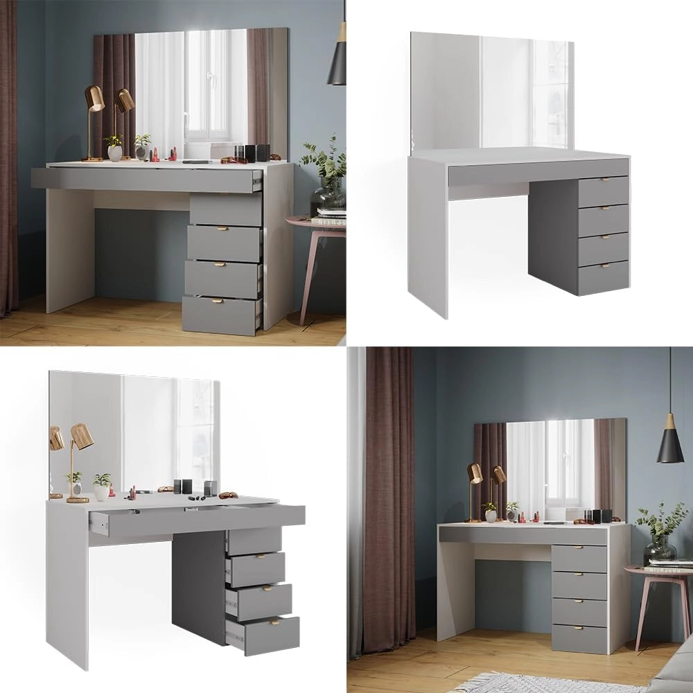 Tavolo da toeletta Elise, Bianco/grigio/grigio, 115 cm con specchio, con specchio fisso integrato per l’uso quotidiano