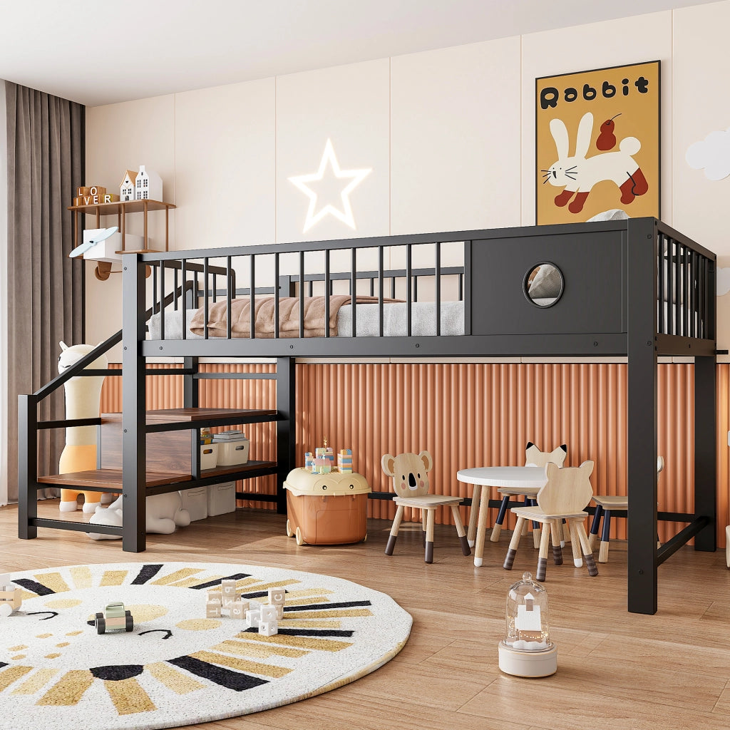 Letto a soppalco basso per bambini 90 × 200 cm con scala contenitore, struttura in metallo, senza materasso, nero