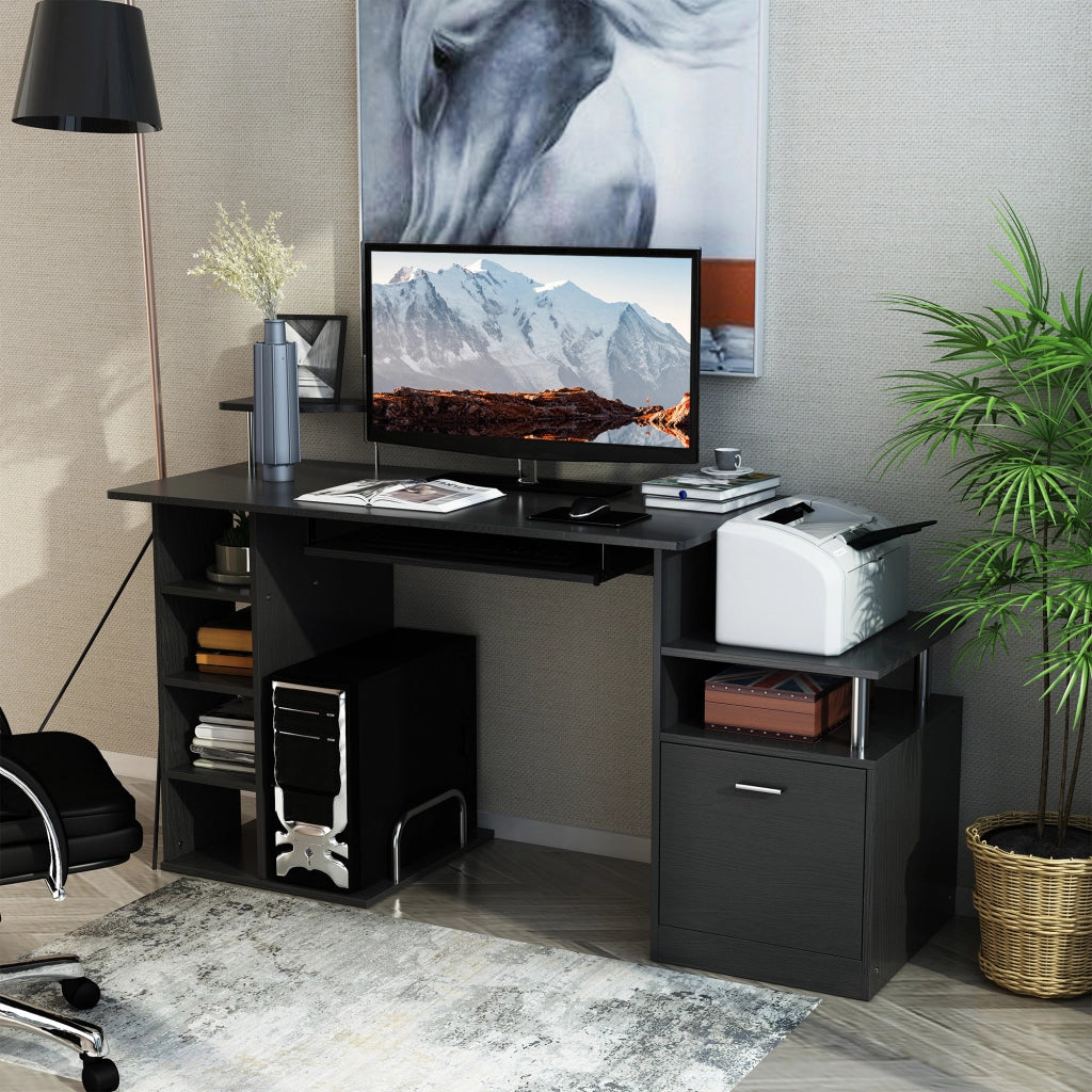 Scrivania per Computer con Cassetti e Ripiano Tastiera ¨C zephmum ¨C Legno Nero 152x60x88cm