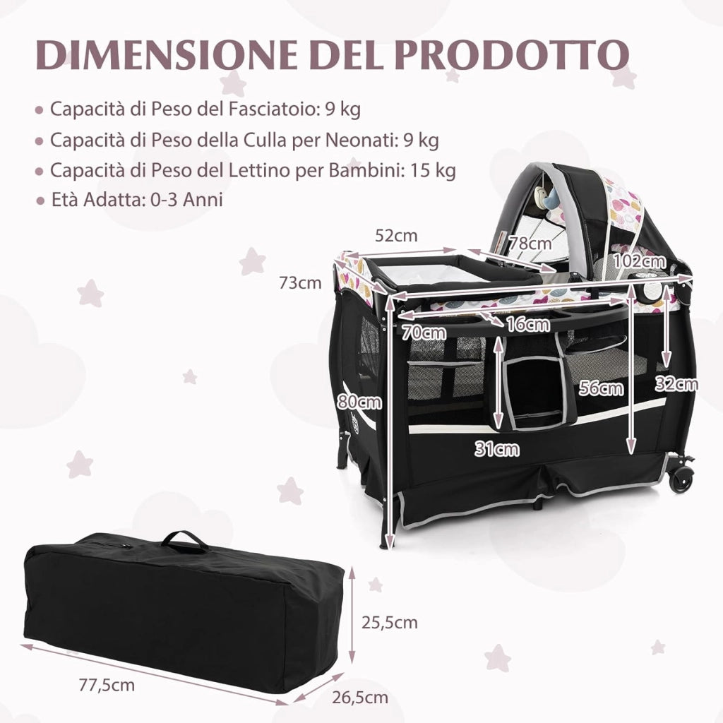 4 in 1 Lettino da Campeggio con Fasciatoio, Lettino Pieghevole per Bambini con Materasso, Centro Neonati con Culla, Box Musicale, Cappottina Regolabile, Borsa da Viaggio (Cuore)