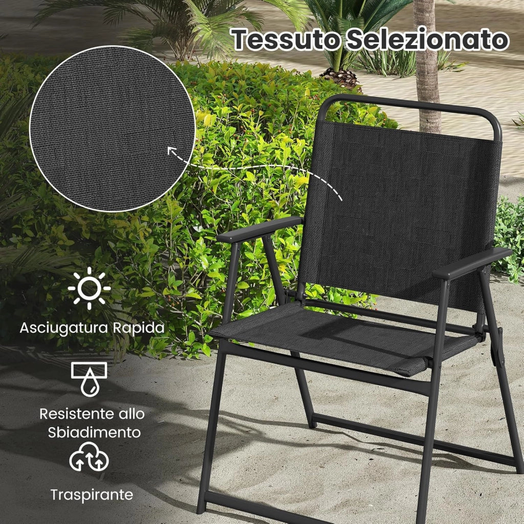 Set di 2 Sedie da Giardino Pieghevoli, Sedie da Spiaggia con Schienale e Braccioli, Poltrone da Campeggio, Sedia Esterno per Veranda, Balcone e Piscina, Portata 150 kg