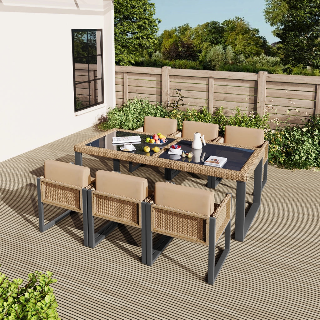 Set pranzo polyrattan 6 persone: poltrone; tessuto sfoderabile lavabile; marrone