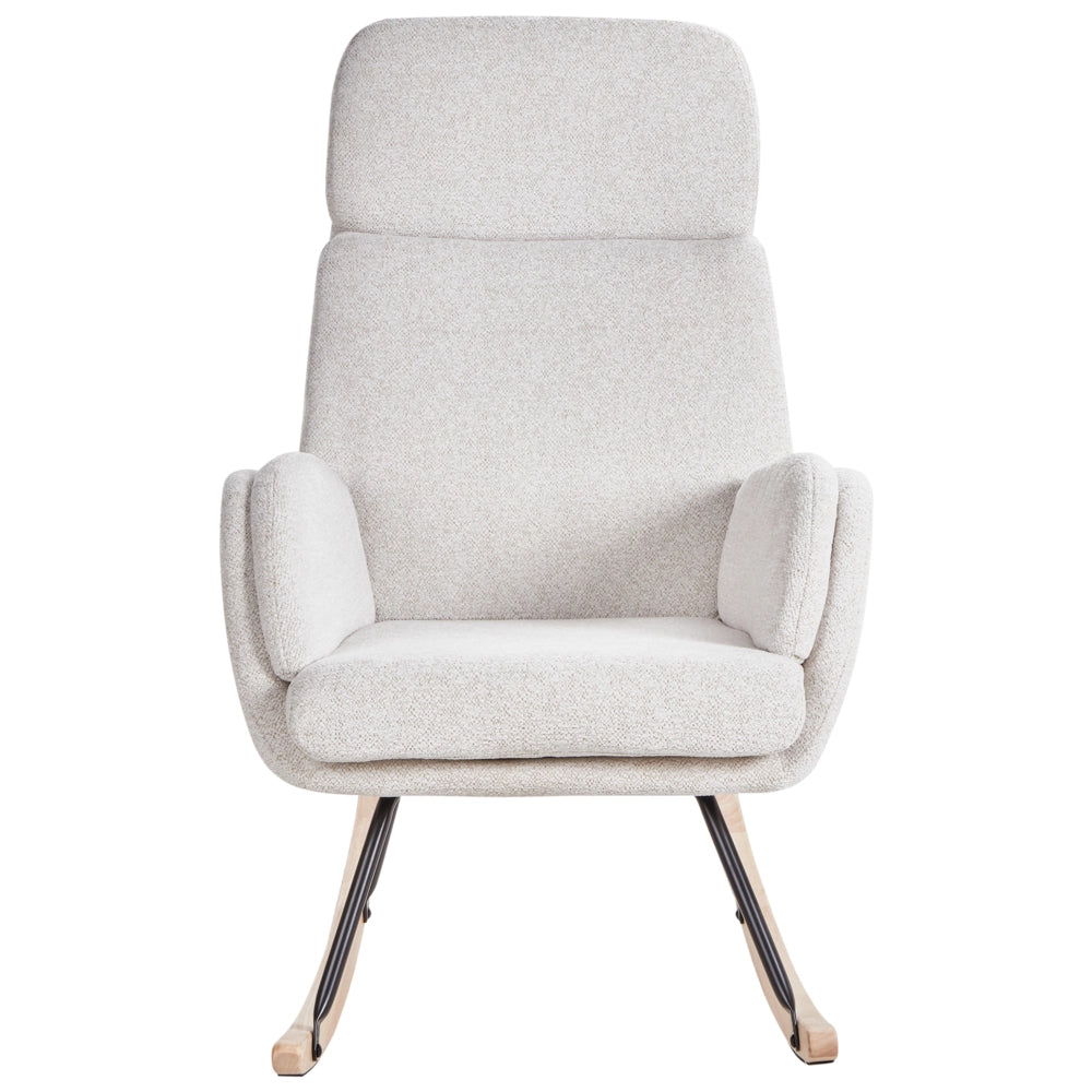 Sedia a dondolo in tessuto bianco sporco gambe in legno e metallo pattini design moderno soggiorno