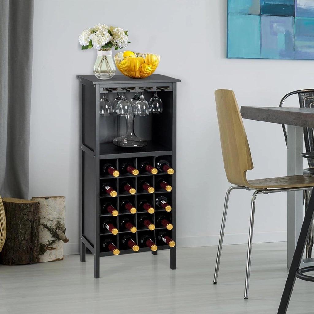Cantinetta Portabottiglie in Legno, Scaffale per Vino con Portabicchiere/Calici, Portavino per 20 Bottiglie e 4 Calici, 42 x 24,5 x 96 cm (Nero)