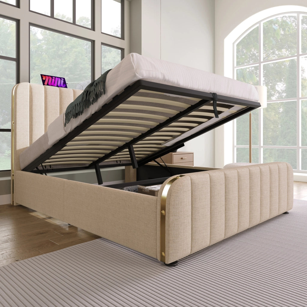 Letto matrimoniale imbottito con contenitore idraulico; USB e Type-C; 140x200 cm; beige