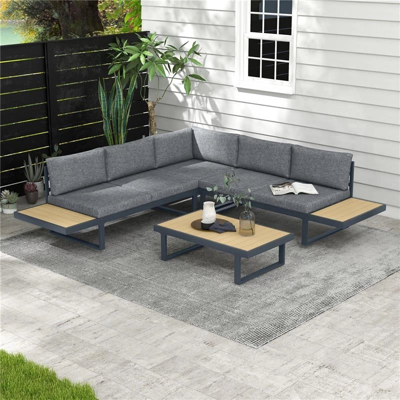 SET DA GIARDINO 4 PEZZI IN ALLUMINIO CON 2 DIVANETTI, POLTRONA ANGOLARE E TAVOLINO DA CAFFÈ, GRIGIO E TEAK