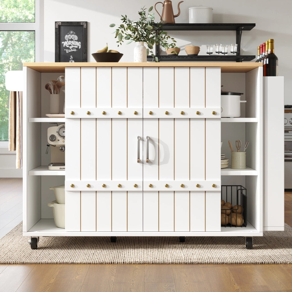 Carrello da Cucina con 2 Ante Scorrevoli; 3 Cassetti; Ripiano Laterale; Piano Ribaltabile e Ruote; in MDF; 110x42x90 cm; Bianco