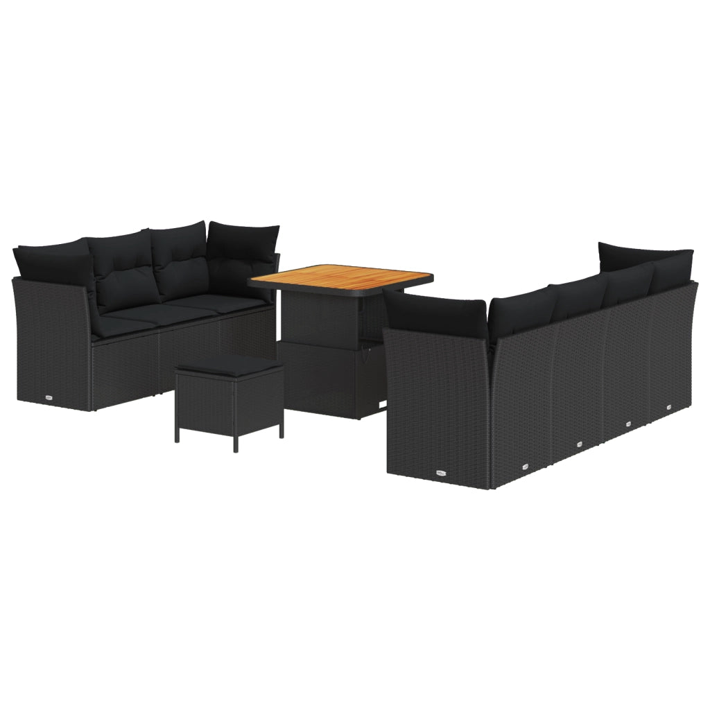 Set di Divani da Giardino da 10 Pezzi con Cuscini Polyrattan Nero Acacia