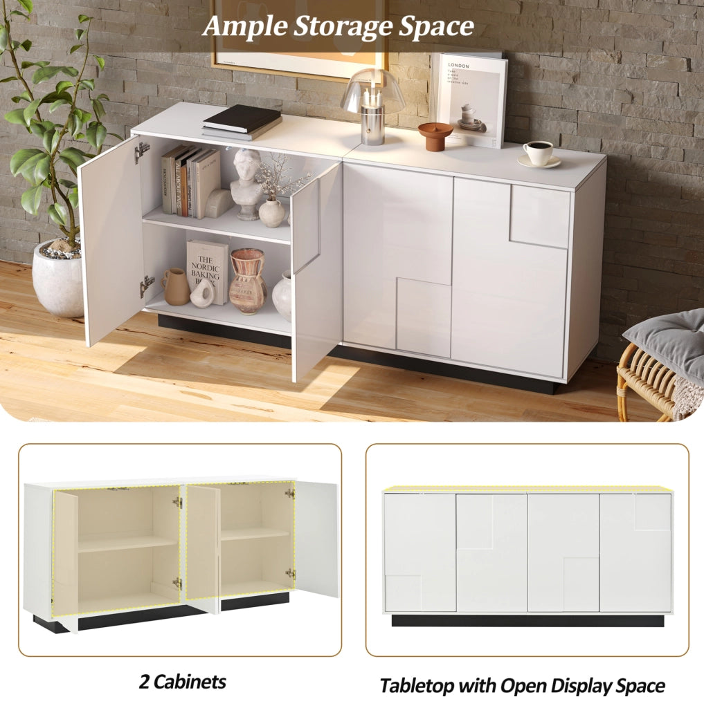Credenza ULEVR 160x37x75,5 cm con 4 ante push-to-open e 2 ripiani, bianco lucido e nero