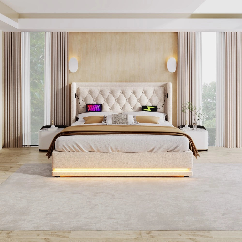 Letto Imbottito Contenitore Matrimoniale con LED ¨C MINIMAL ¨C Beige, 140x200, Idraulico, USB