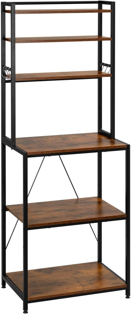 Scaffale da Cucina con 6 Ripiani, Scaffale per Microonde con 6 Ganci, Struttura in Metallo, Legno Ingegnerizzato, 60x40x167cm, Marrone Rustico+Nero