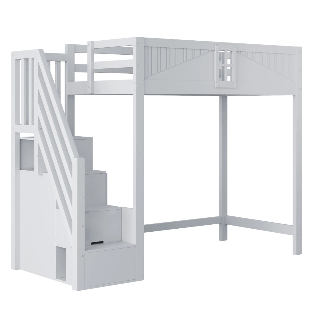 Letto a soppalco 90x200 cm con scaletta reversibile e vano portaoggetti in legno grigio