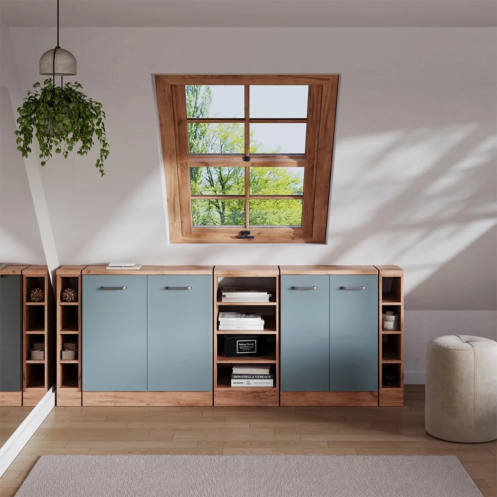 Set di mobili sottotetto Rion, Grigio-blu, 210 cm Set di 5 carcasse armadio profondità 60 cm, adatto per il salvaspazio sotto tetti spioventi