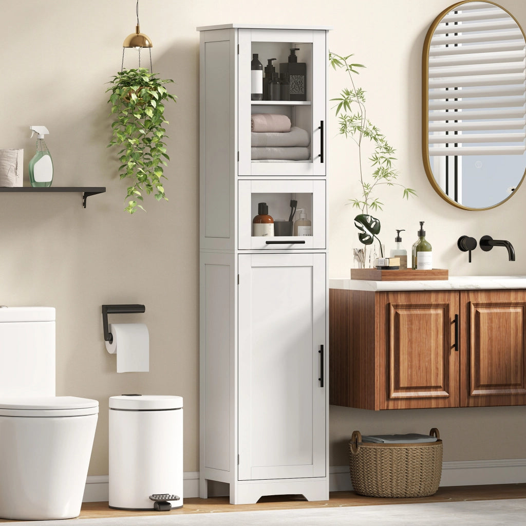 Mobile colonna bagno con cassetto, 2 ante e ripiano regolabile ¨C zephmum ¨C bianco 40x31x170 cm