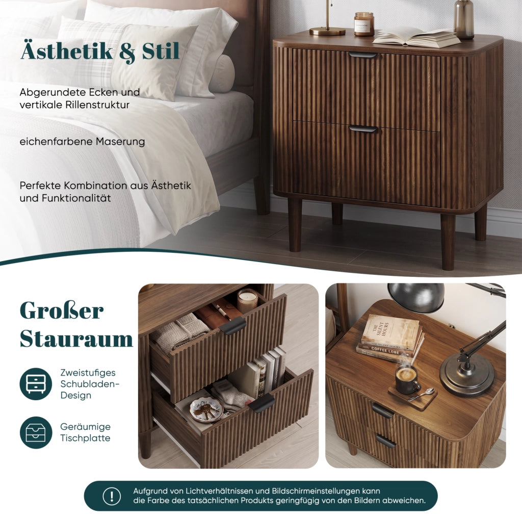 COMODINO 2 Cassetti MDF Color Noce con Frontali Scanalati