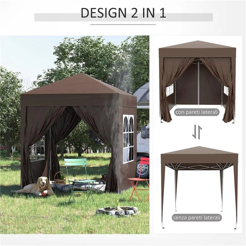 GAZEBO PIEGHEVOLE CON 4 PARETI RIMOVIBILI E BORSA DA TRASPORTO IN METALLO E POLIESTERE 2X2X2.4 M MARRONE