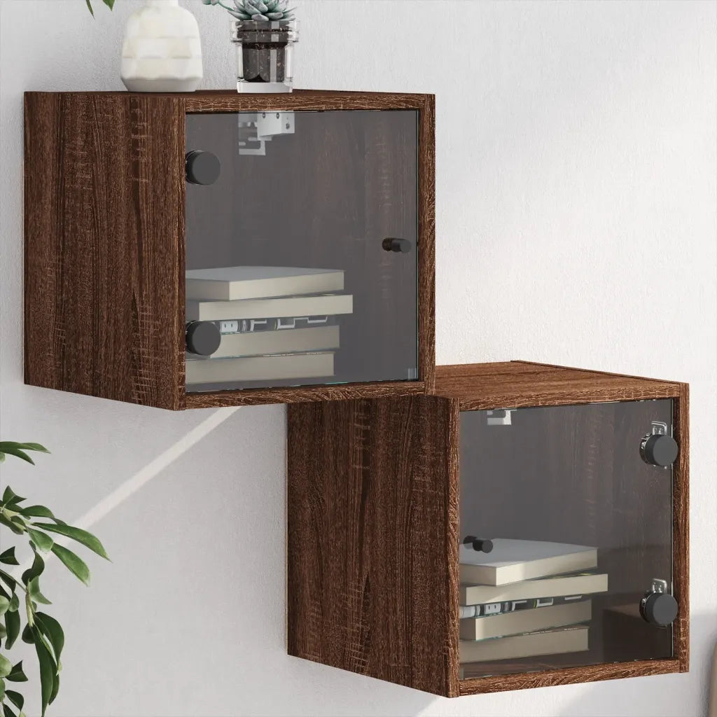 Comodini con Ante in Vetro 2pz-Set di 2 Tavolino da notte Rovere Marrone 35x37x35 cm