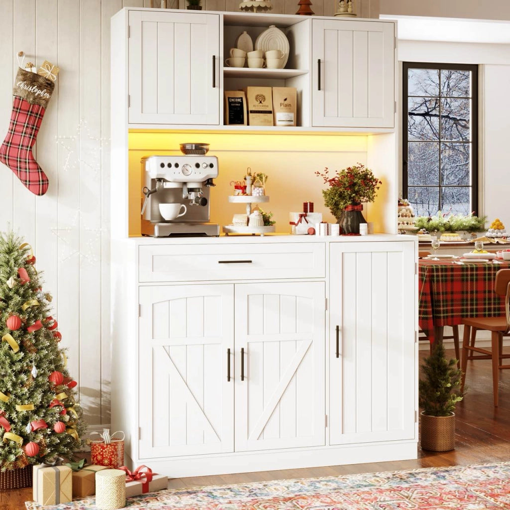 Credenza da Cucina Alta con 5 Ante; LED e Presa Multipla con USB; in MDF; 110 x 38 x 180 cm; Bianca
