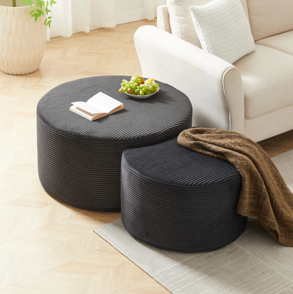 Set di 2 tavolini pouf rotondi in tessuto nero